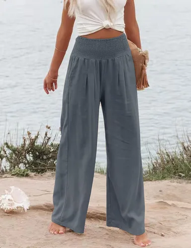 Vista 4 de GLIENST Pantalones palazzo casuales de pierna ancha para mujer, de cintura alta, fruncidos, con bolsillos, tallas S-XXL