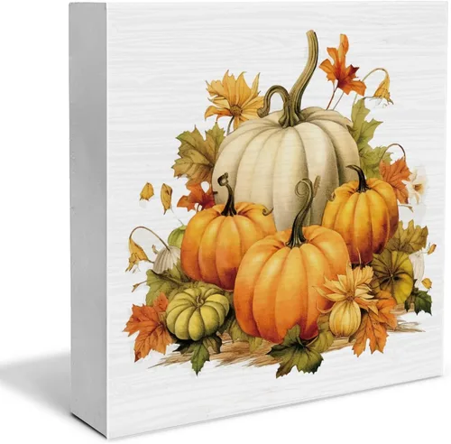Vista 7 de Decoración de otoño con diseño de calabazas, letrero de madera para casa de campo, para decoración de interiores, 5 x 5 pulgadas