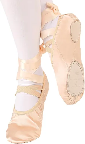 Vista 5 de Zapatos de ballet para niñas, zapatillas de ballet rosas con suela dividida de satén para mujer, zapatos de baile planos con cinta para yoga