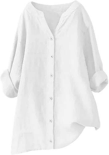 Vista 11 de Camisas de algodón y lino con botones para mujer, cuello en V, manga larga, blusas elegantes y casuales