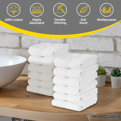 Vista 4 de Pacific Linens Toallas de baño, 100% algodón, 13 x 13 pulgadas, toalla facial para uso en baño y cocina, paños de lavado, paquete de 12