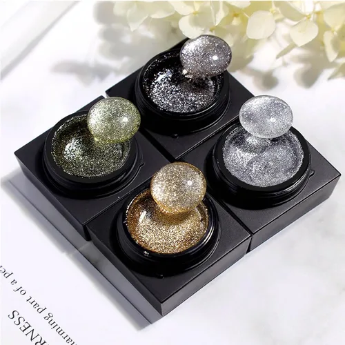 Vista 7 de Esmalte de uñas de gel con purpurina de metal plateado, 4 colores pintados de metal platino, esmalte de gel de dibujo dorado, plateado y negro