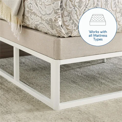 Vista 4 de Decoro Capri - Base de cama de metal blanco con base de colchón tapizada beige integrada, tamaño King