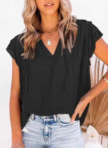 Vista 2 de Dokotto - Blusas informales con cuello en V para mujer, diseño de manga corta, con cordón ajustable