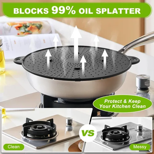 Vista 4 de Pantalla de silicona de 13" para sartén - Protector de salpicaduras de Mango resistente al calor, multiuso, protector contra salpicaduras de aceite