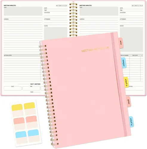 Vista 9 de SUNEE Cuaderno de reuniones para el trabajo con pestañas adhesivas, 160 páginas, planificador de proyectos de tamaño B5, cuaderno organizador