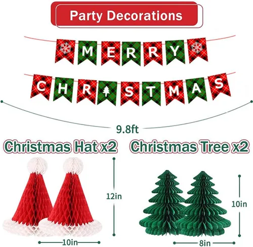Vista 2 de Cartel y pompones de Feliz Navidad, abanicos de papel y faroles para Navidad, decoración de fiestas para Navidad, suministros de fiesta de Año Nuevo