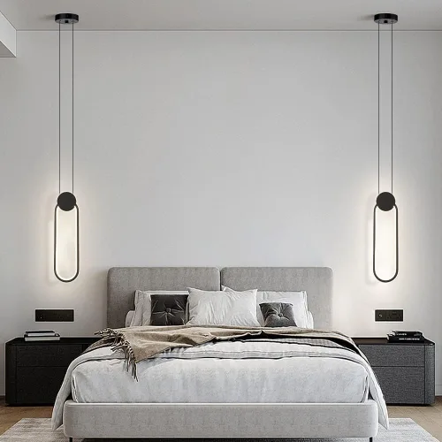Vista 4 de Lámparas colgantes LED negras modernas, paquete de 2 unidades, diseño minimalista, iluminación colgante ovalada para isla de cocina, luz colgante