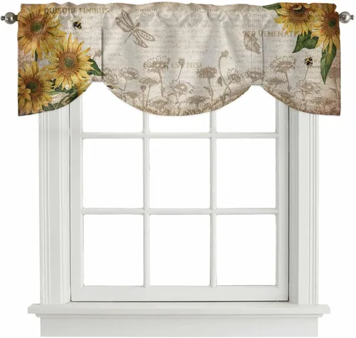 Vista 23 de Cortina de ventana ajustable con lazos para ventana, cenefa de cocina para sala de estar, arte abstracto, sol y arco iris, bolsillo para barra