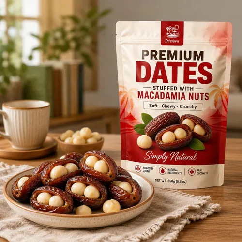 Vista 4 de Dátiles rellenos de macadamia, fechas premium con nueces de macadamia, 8.8 Rojo