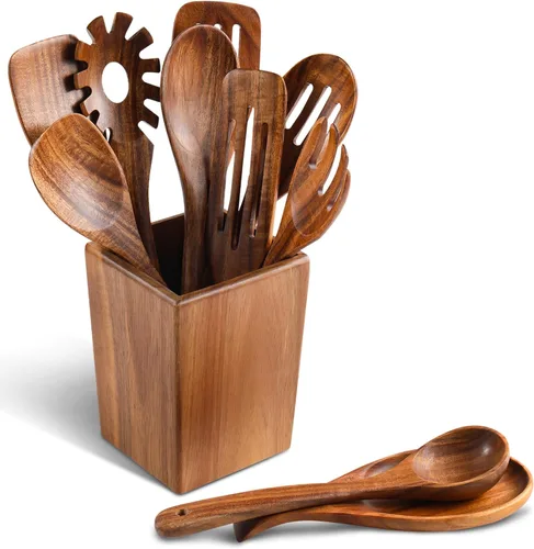 Vista 10 de Cucharón de madera para sopa, cucharas de madera de teca natural de 3 tamaños para cocinar, cuchara de madera antiadherente, cucharas de madera