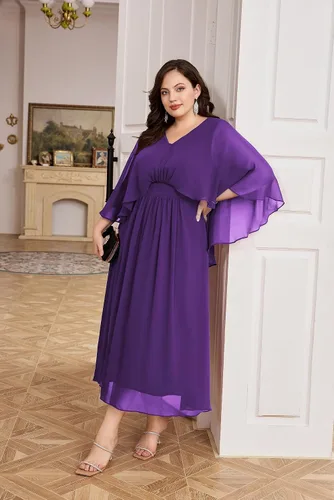 Vista 7 de Hanna Nikole Vestido de fiesta de noche de gasa con cuello en V para mujer, talla grande, manga capa, maxi vestidos para invitados de boda