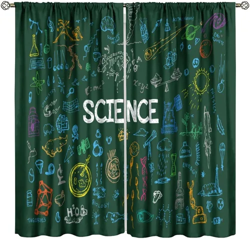 Vista 50 de Cortinas opacas para ventanas de ciencia para niños, lupa de libro de laboratorio de ciencia, lupa, frascos moleculares, cortinas impresas