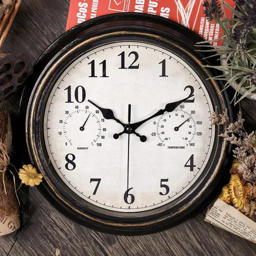 Vista 2 de JoFomp Relojes de exterior para patio, reloj de pared exterior grande de 12 pulgadas, impermeable, con termómetro e higrómetro, reloj de pared