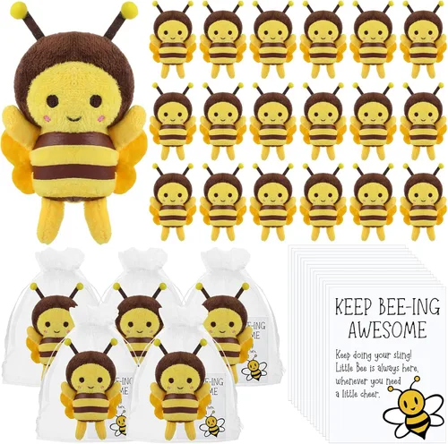 Vista 9 de RoundFunny 6 juegos de llaveros de abeja de peluche de 5 pulgadas con tarjetas inspiradoras y bolsas de organza para bodas, regalos de fiesta
