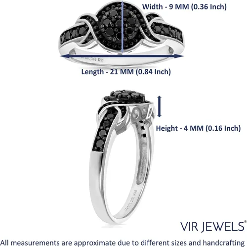 Vista 4 de Anillo de diamantes negros de 13 cttw de plata de ley 925 de compromiso redondo para novia