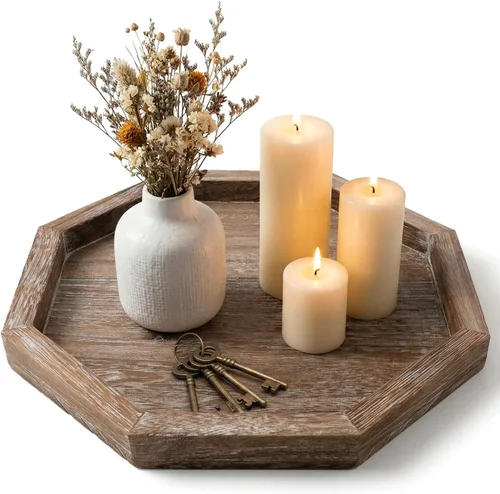 Vista 13 de Bandeja decorativa redonda para mesa de café, mesa de comedor, encimera, pequeñas bandejas de servir de madera, decoración de cocina de granja