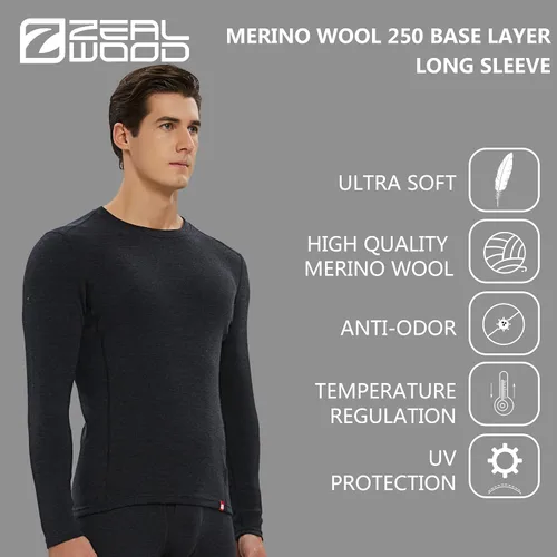 Vista 3 de ZEAL WOOD Merino 250 Baselayer Crew - Camisa térmica de manga larga para hombre y mujer, lana merino 250, pantalones inferiores de capa base