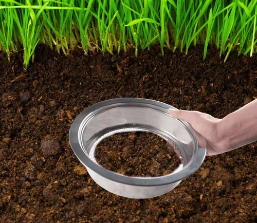 Vista 6 de Juego de tamiz de suelo para jardín con 5 tamaños de filtro de malla de tamiz y pala, bandeja de tamiz apilable de acero inoxidable para tierra
