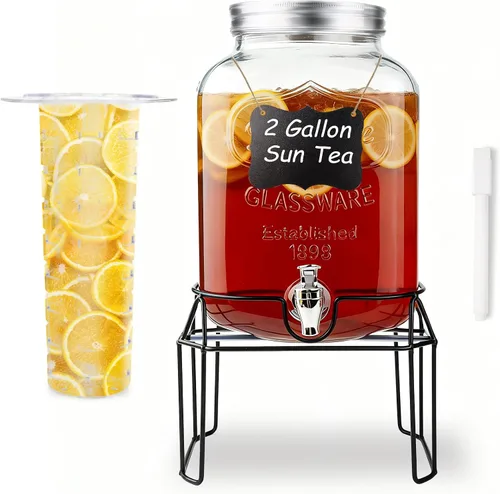 Vista 12 de Dispensadores de bebidas de vidrio de 1 galón para fiestas, juego de 2, dispensador de bebidas con infusor y soporte de frutas, dispensador de jugo