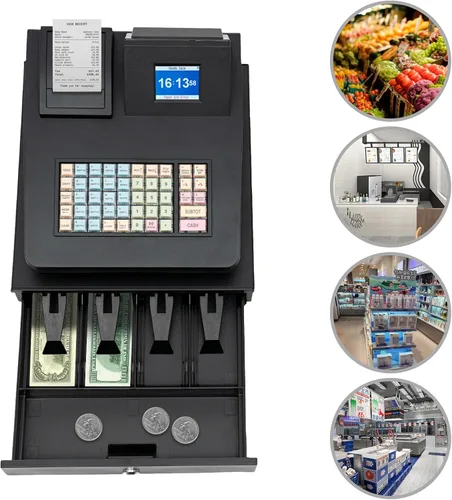Vista 3 de DYNAMI Caja registradora comercial, caja registradora electrónica de 48 llaves con cajón de efectivo y monedas, pantalla de doble cara, impresión