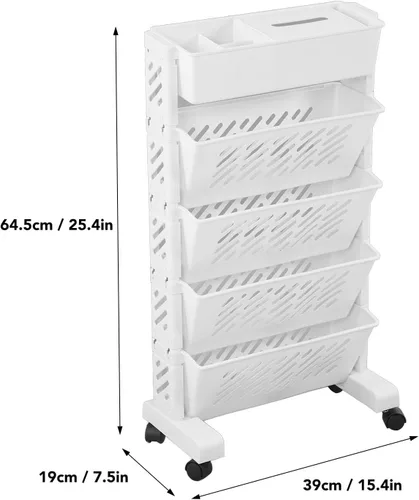 Vista 3 de Estantería móvil, estantería portátil de plástico blanco con capacidad de varios niveles para sala de estudio (5 capas)