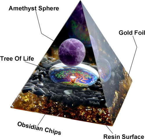 Vista 6 de Pirámide de orgón – Fuente de energía positiva para meditación, alivio del estrés, atracción de riqueza Pirámide de cristal Orgonita con cristales