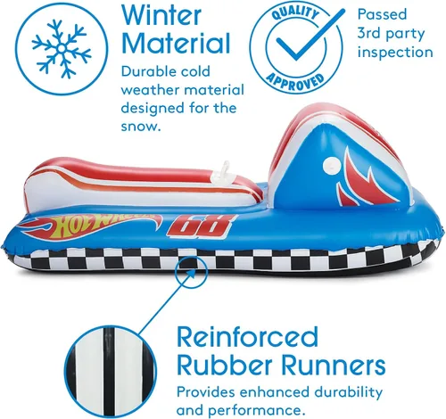 Vista 5 de FUNBOY & Barbie 50" Kids Inflatable Skimobile Winter Snow Sled, 1-2 Riders with Grooved Rubber Base Tracks Azul