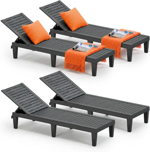 Vista 13 de Juego de sillas reclinables al aire libre, 2 piezas, 5 posiciones ajustables para bronceado con textura de madera, silla de patio de resina