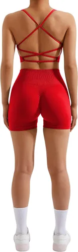 Vista 3 de RXRXCOCO Conjuntos de entrenamiento sin costuras para mujer, 2 piezas, sujetadores deportivos con tirantes, pantalones cortos fruncidos