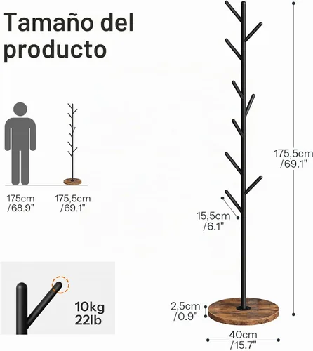 Vista 3 de HOOBRO Perchero con 9 ganchos, perchero de metal independiente con base de madera, árbol de pasillo resistente para entrada, soporte de perchero que