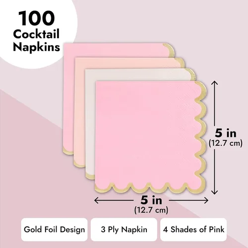 Vista 5 de Sparkle and Bash Servilletas de cóctel rosadas de 5 x 5 pulgadas, 100 unidades, 3 capas festoneadas, rosa y dorado, servilletas para bebés