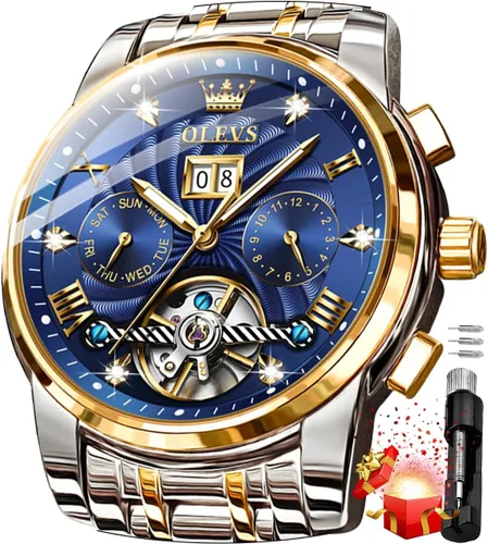 Vista 19 de OLEVS Relojes automáticos para hombre, oro de lujo, vestido de diamantes de cuerda automática, esqueleto mecánico, Tourbillon, reloj de pulsera