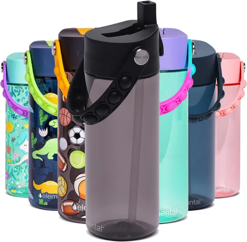 Vista 34 de Elemental Botellas de agua para niños – Botella de agua para niños Splash para la escuela con mango Pop-it – Botella de agua de plástico Tritan sin