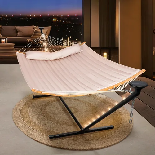 Vista 12 de SUNCREAT Hamaca doble para exteriores con soporte de 12 pies, hamacas autoportantes con soporte, beige