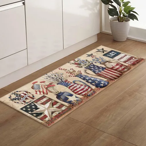 Vista 5 de T&H XHome Alfombras de camino de cocina del Día de la Independencia, 4 de julio, vintage, azul y rojo, con bandera de Estados Unidos, jarrón