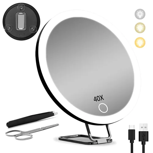 Vista 14 de Espejo de aumento de maquillaje 10X con luces, espejo aumentado de mano de Negro-10x