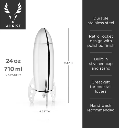 Vista 3 de Coctelera cohete de acero inoxidable Irving de Viski – coctelera con colador (24 onzas). Capacidad
