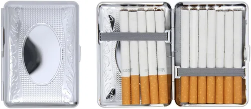 Vista 20 de Juego de 2 cajas de cigarrillos compactas chapadas en metal tamaño King con bandas elásticas (oro ovalado)