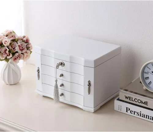 Vista 6 de luckxuan Joyero mediano de madera natural organizador de joyas de madera natural con cerradura y llave regalo para niñas o mujeres cajas de joyería