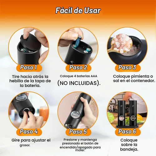 Vista 5 de Juego de molinillo eléctrico de sal y pimienta de 2 piezas - Molinillo automático de sal y pimienta, grosor ajustable, luz LED, operación con una