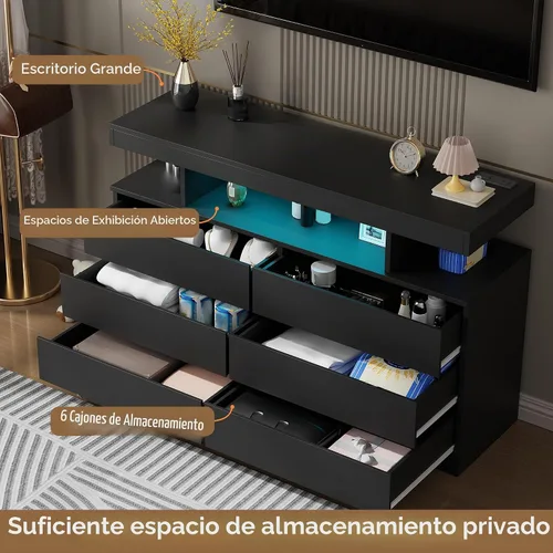 Vista 4 de BEWISHOME Cómoda negra para dormitorio con estación de carga y luces LED, cómoda de 6 cajones, cómodas de madera para armario, cómodas modernas