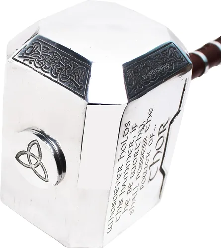 Vista 3 de Martillo de Thor Premium Mjolnir de metal con base de exhibición de latón correa de muñeca de cuero Cosplay Prop LARP Medieval Roleplay