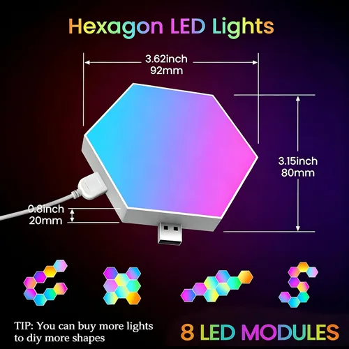 Vista 9 de TISOFU Luces Hexagonales (Paquete de 8) Paneles de Pared LED, Luces RGB para Juegos con APP, Panel Modular Inteligente Azulejos Hexagonales Push