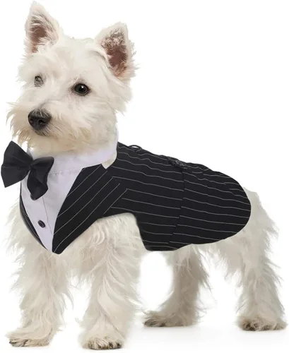 Vista 17 de QBLEEV Esmoquin para perros pequeños, conjunto de traje y bandana, traje de boda con corbatín, disfraz formal de esmoquin para Halloween, Navidad