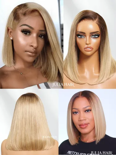 Vista 5 de Julia Hair - Peluca BOB sin nudos de 30 cm con cierre de encaje HD de 7x5, rubio con raíces marrones, corte recto y desflecado, prearrancada, nudos