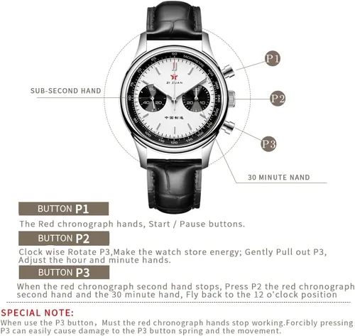 Vista 7 de Men Panda Chronograph 1963 ST1901 Original Movement Manual Winding Luminous Dial 40mm Sapphire Glass Pilots Mechanical Wrist Watch