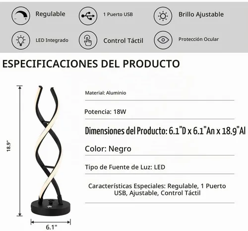 Vista 2 de Lámpara de mesa LED moderna, lámparas de mesa en espiral regulables para dormitorio, 3 colores con control táctil, lámpara de mesita de noche con 1