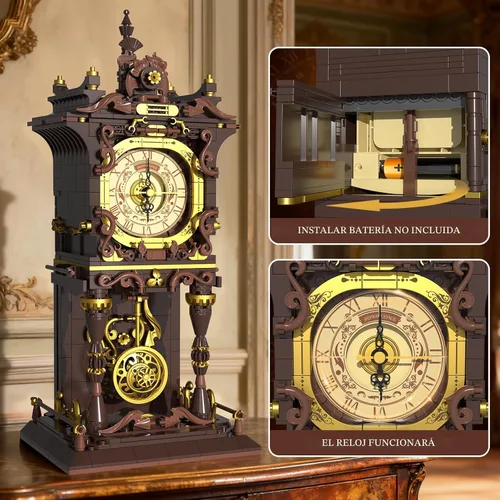Vista 3 de Juego de bloques de construcción de reloj de péndulo vintage, péndulo móvil que funciona realmente y esfera giratoria, juguetes de bloques