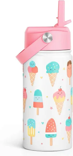 Vista 15 de SANDJEST Botella de agua para niños con tapa con pajilla, botellas de agua de acero inoxidable con aislamiento del alfabeto de 12 onzas para niños